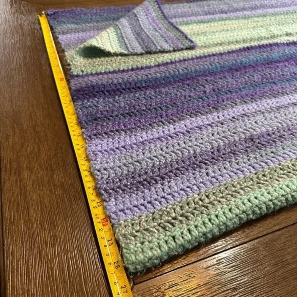 Hand‎ Knit Striped Crochet Blanket 54x43 Cozy Purple Green Blue